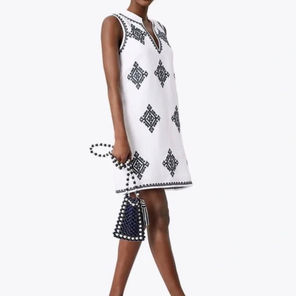 Tory Burch Celeste Linen A Line Mini Dress White Navy Embroidery Size S NWOT